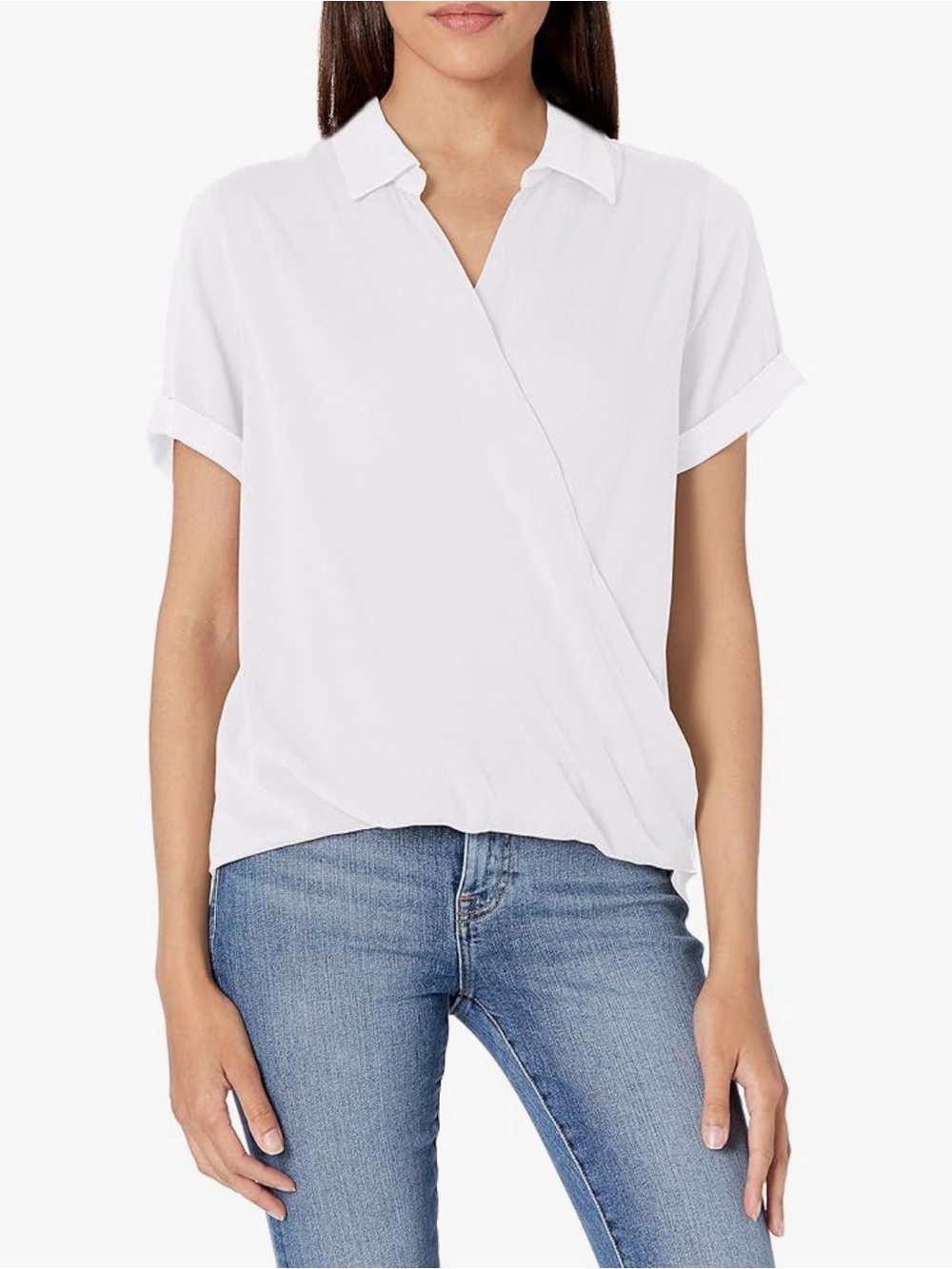 Lucky Brand Cotton Blend White Short-Sleeve Wrap Collared Blouse